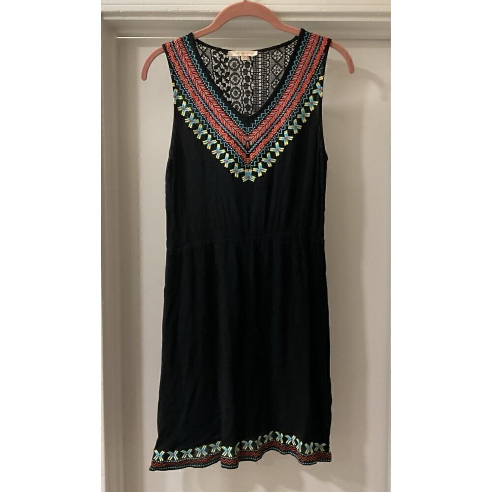 Skies Are Blue Embroidered Crocheted  Black Sleeveless Summer Dress Sz M